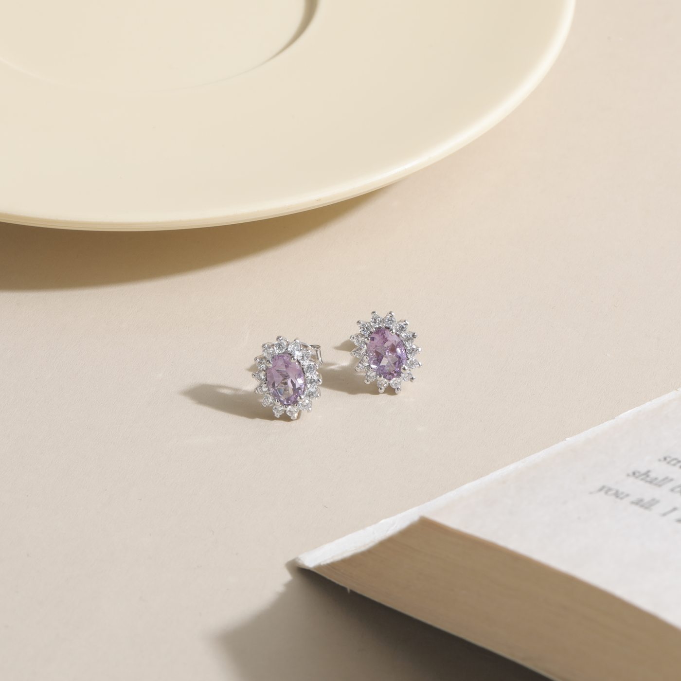 Oval amethyst halo stud earrings, silver