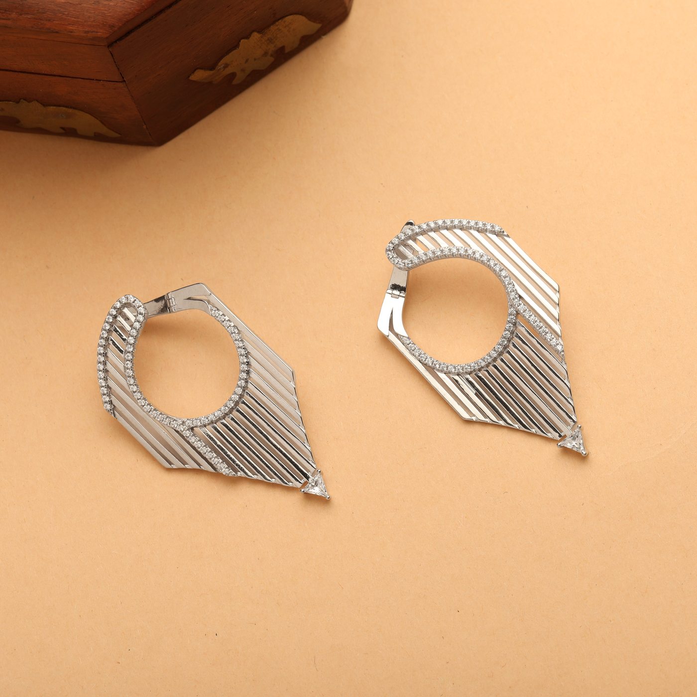 Art deco fan drop earrings, silver