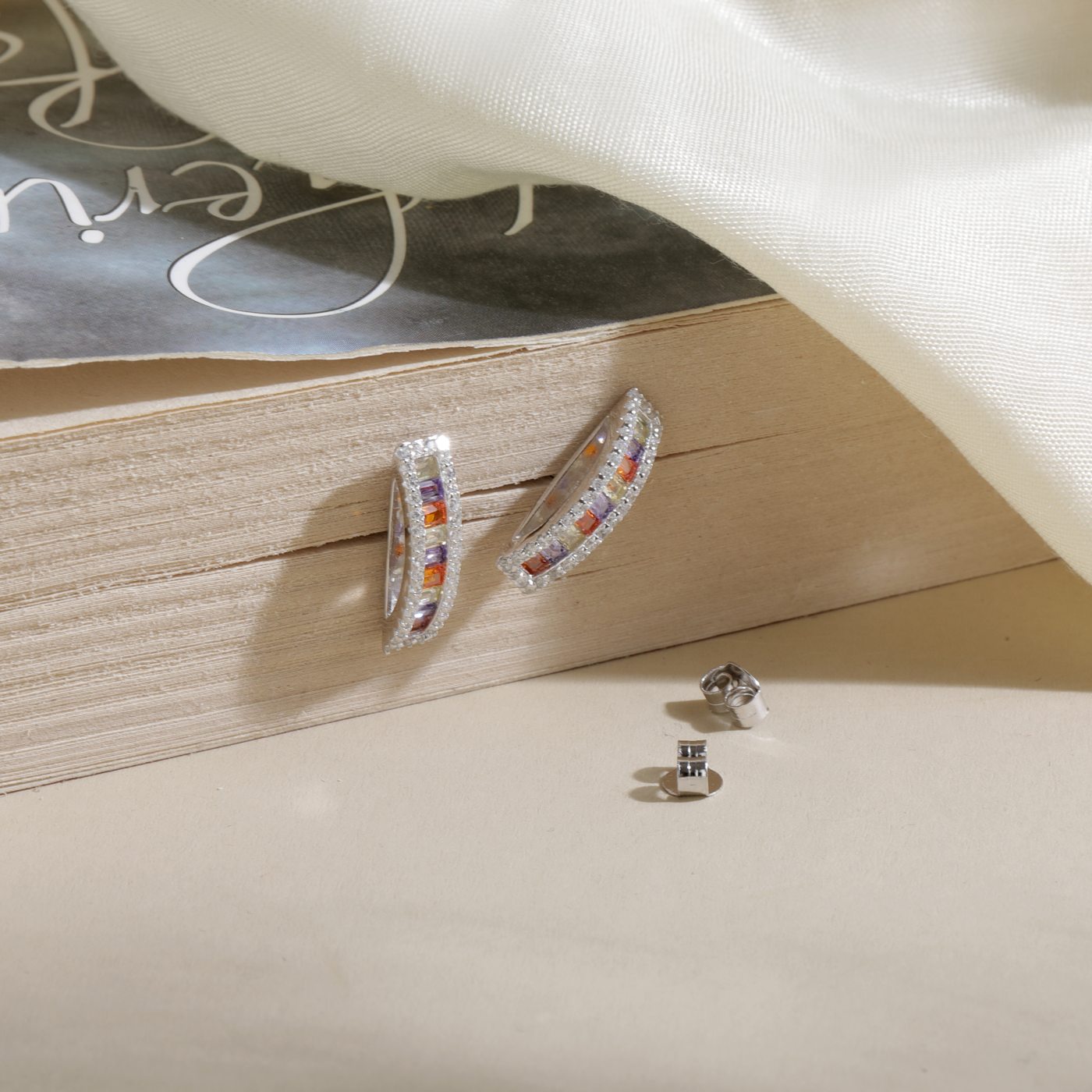 Multicolour gemstone huggie earrings, silver