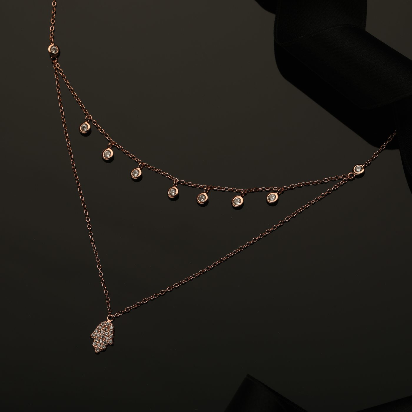 Layered charm choker with hamsa, rose gold