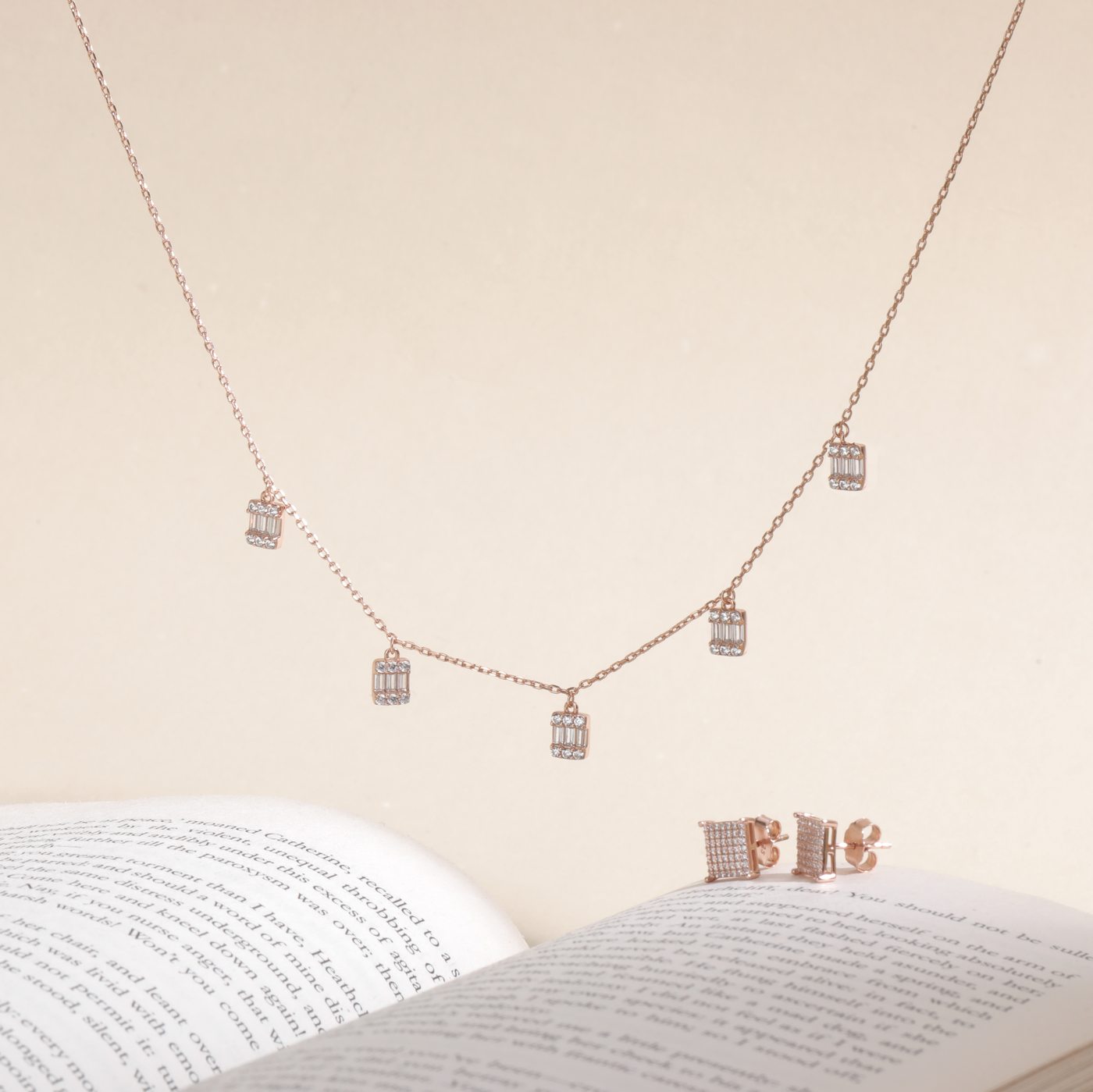 Baguette charm necklace and earring set, rose gold