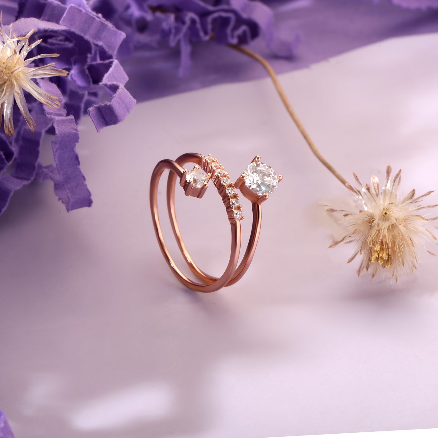 Dual stone open ring, rose gold